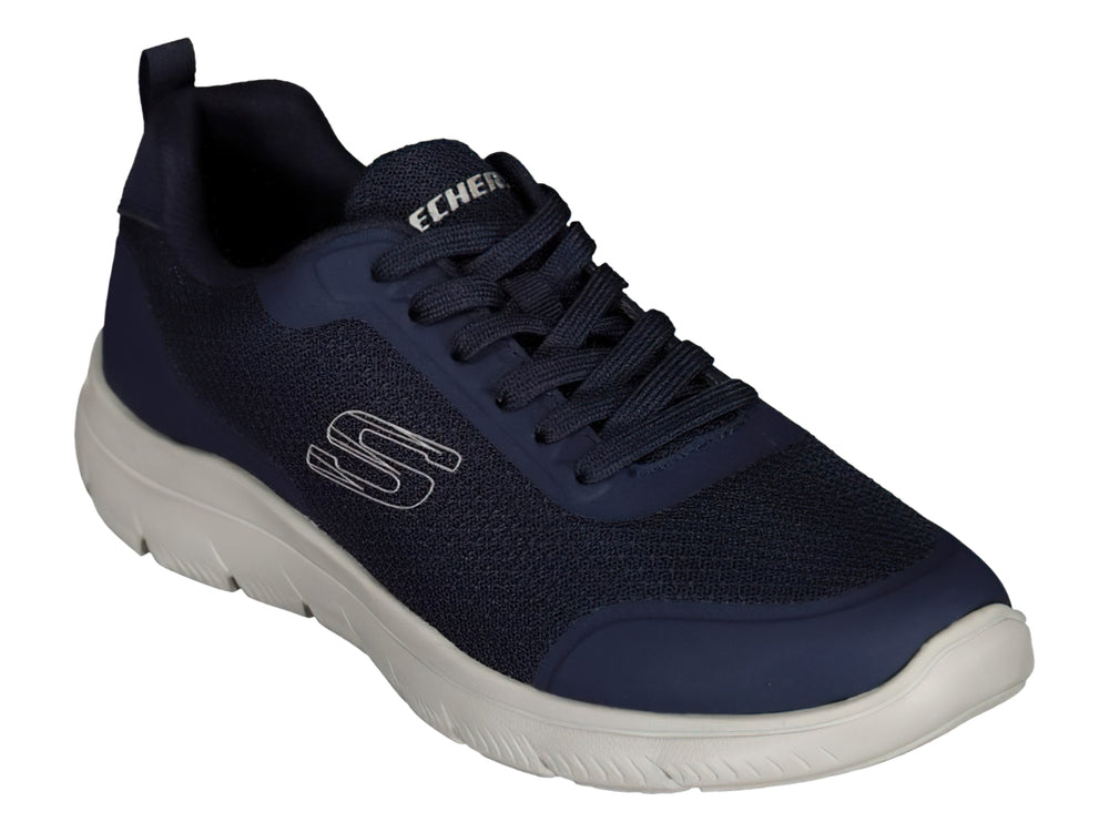 Tenis deportivos Skechers en color azul marino con suela blanca y agujetas.