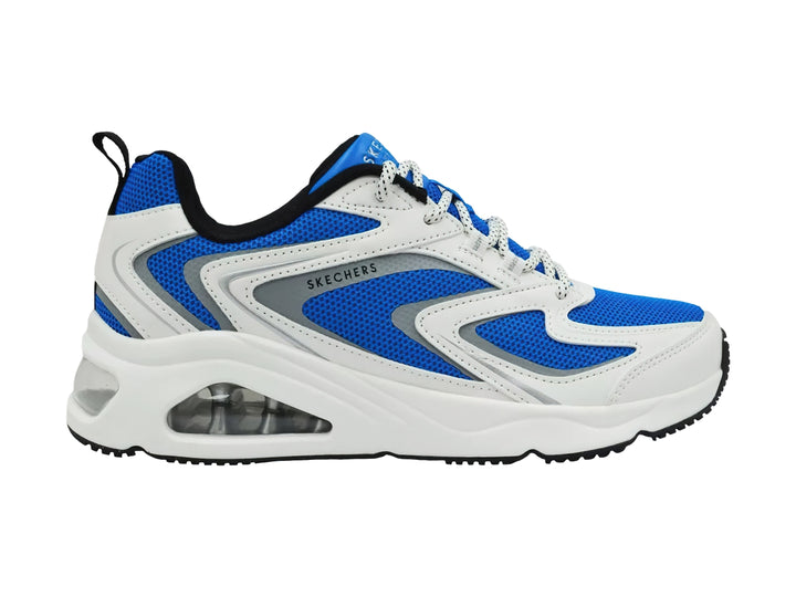 Tenis deportivos Skechers en color blanco y azul con cámara de aire visible en el talón.