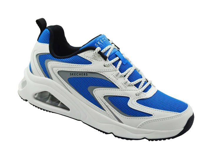 Tenis deportivos Skechers en color blanco y azul con cámara de aire visible en el talón.