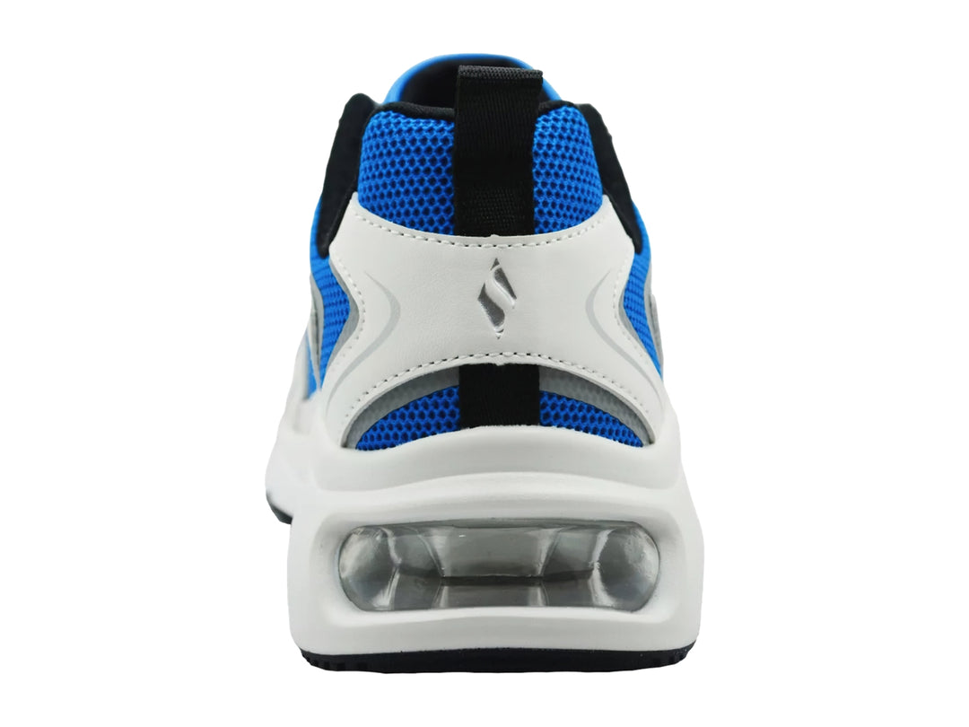 Tenis deportivos Skechers en color blanco y azul con cámara de aire visible en el talón.