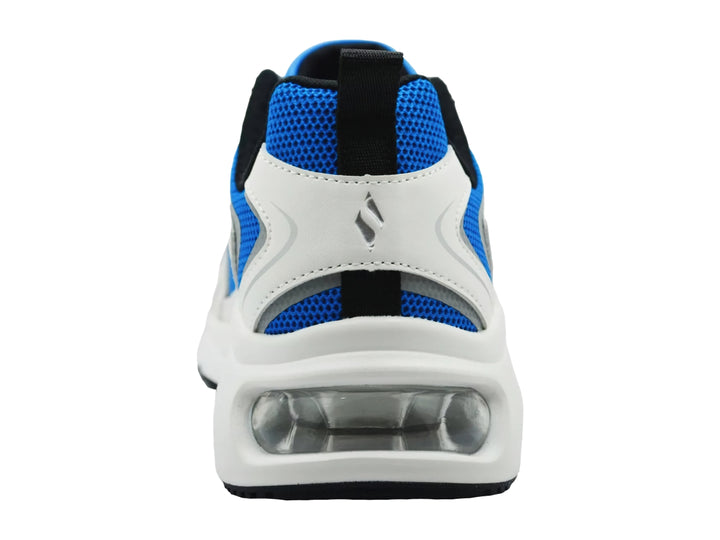 Tenis deportivos Skechers en color blanco y azul con cámara de aire visible en el talón.