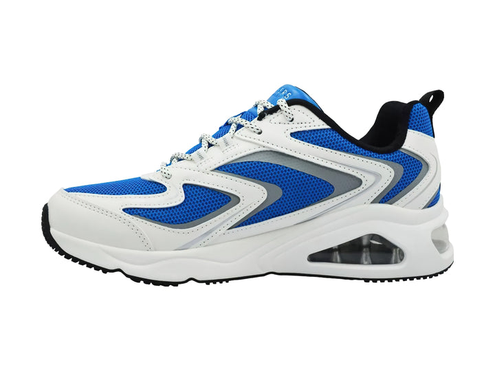 Tenis deportivos Skechers en color blanco y azul con cámara de aire visible en el talón.