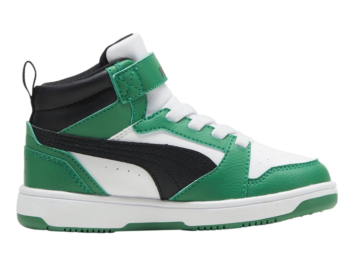 Tenis PUMA Rebound V6 Mid AC+PS en colores blanco, verde y negro con cierre de velcro y cordones.