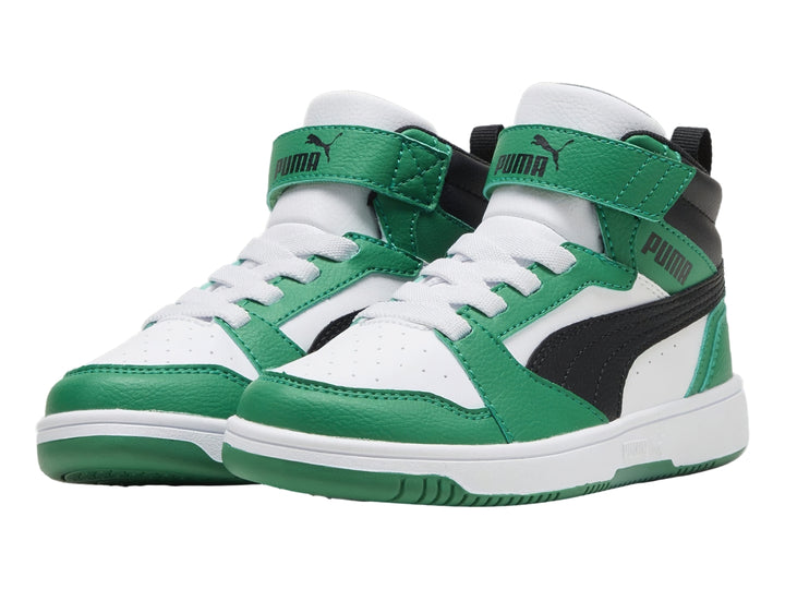 Tenis PUMA Rebound V6 Mid AC+PS en colores blanco, verde y negro con cierre de velcro y cordones.