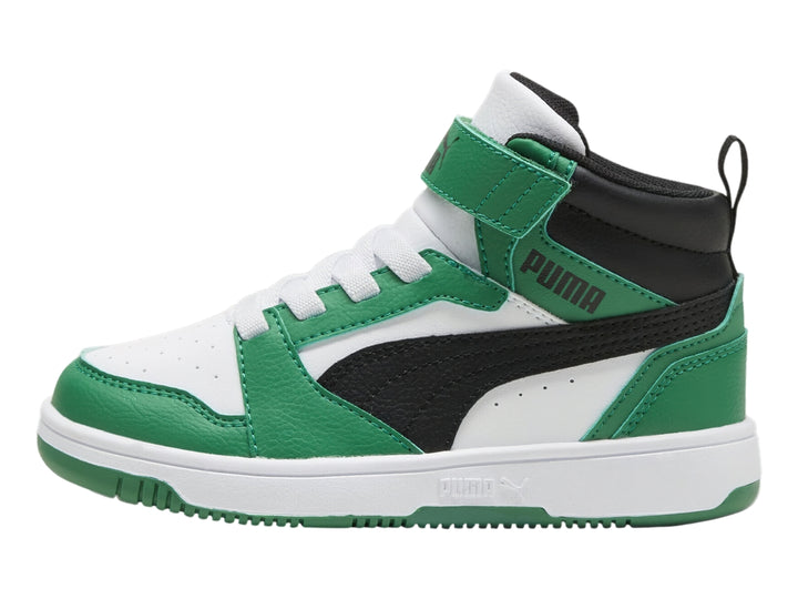 Tenis PUMA Rebound V6 Mid AC+PS en colores blanco, verde y negro con cierre de velcro y cordones.
