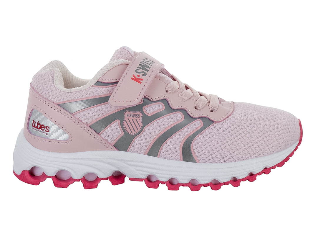 Tenis deportivos K-Swiss para Niño en color rosa y gris con suela blanca y detalles en magenta.