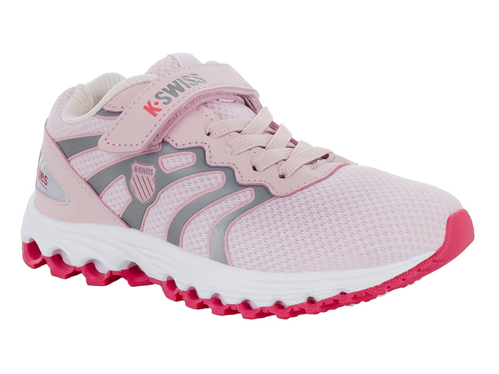 Tenis deportivos K-Swiss para Niño en color rosa y gris con suela blanca y detalles en magenta.
