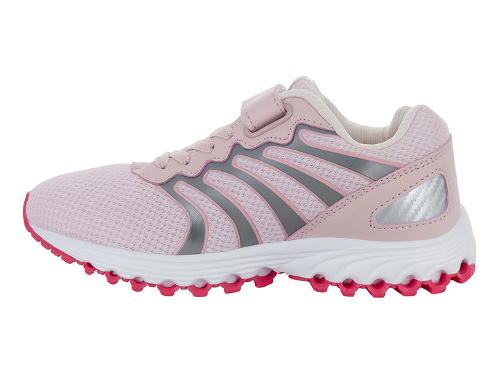 Tenis deportivos K-Swiss para Niño en color rosa y gris con suela blanca y detalles en magenta.