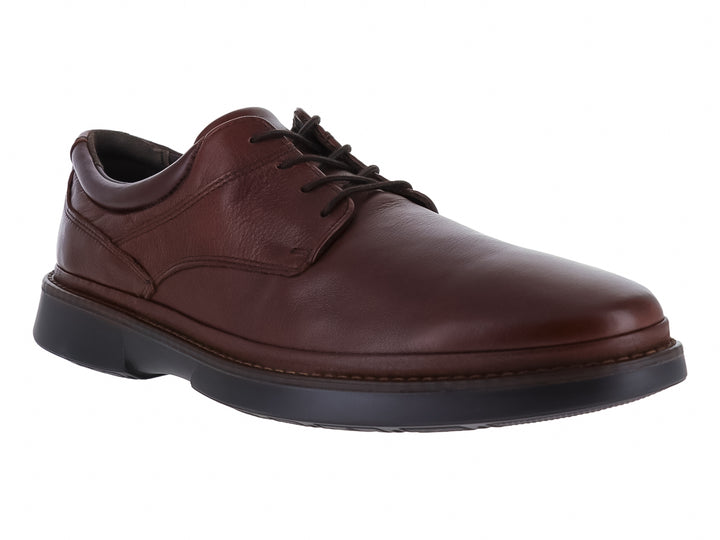Zapato casual de cuero color café con cordones y suela negra.