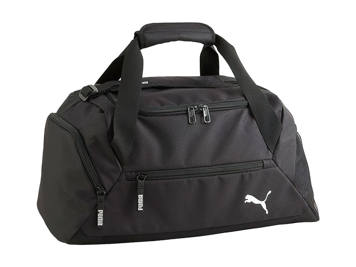 Maleta deportiva PUMA Teamgoal color negro con asas superiores y logotipos blancos en los costados.