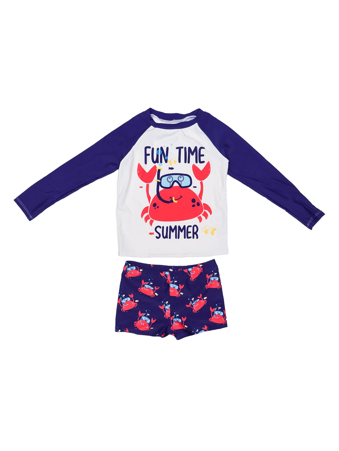 Conjunto de traje de baño para niño con camiseta manga larga y shorts azul marino con estampado de cangrejos rojos.
