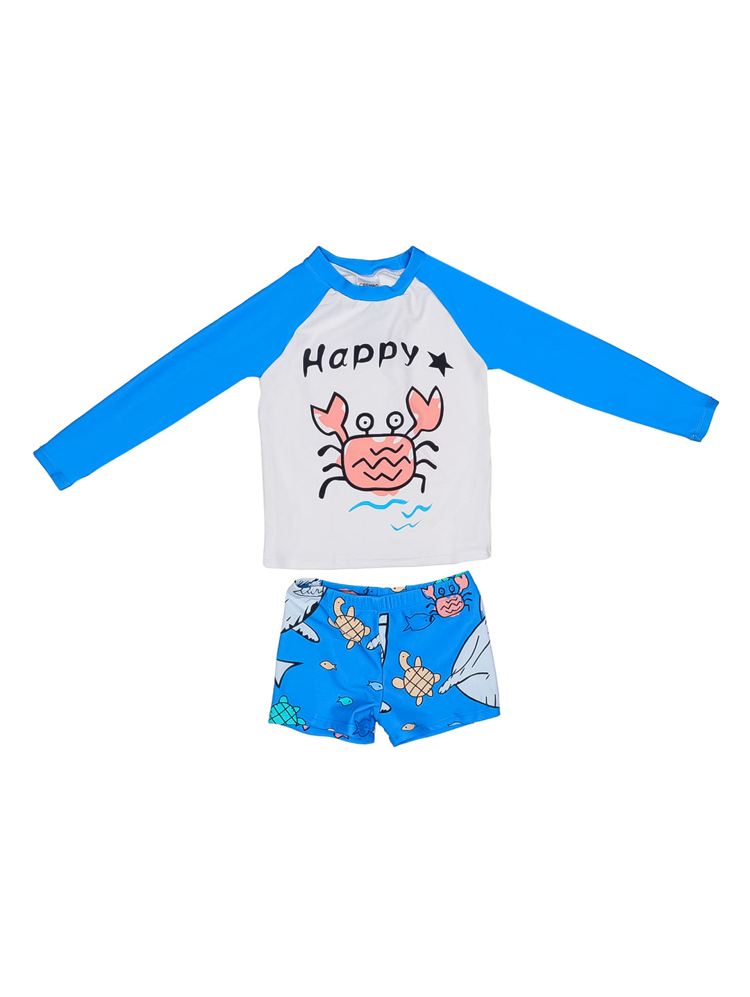 Traje de baño infantil de dos piezas azul rey y blanco con estampado de cangrejo rosa.