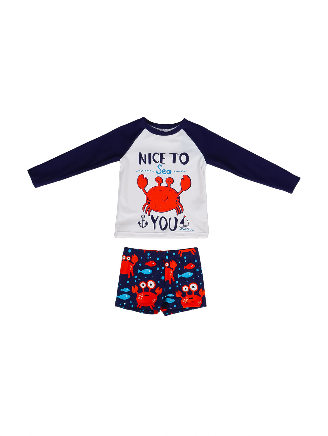 Traje de baño para niño compuesto por camiseta de manga larga azul y blanca y short con estampado de cangrejos.