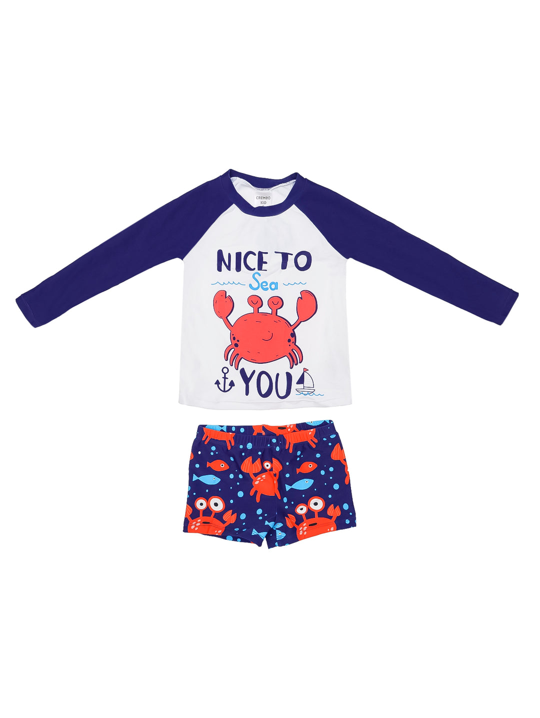 Traje de baño para niño de dos piezas: camiseta blanca con mangas marino y short marino con estampado de cangrejos.