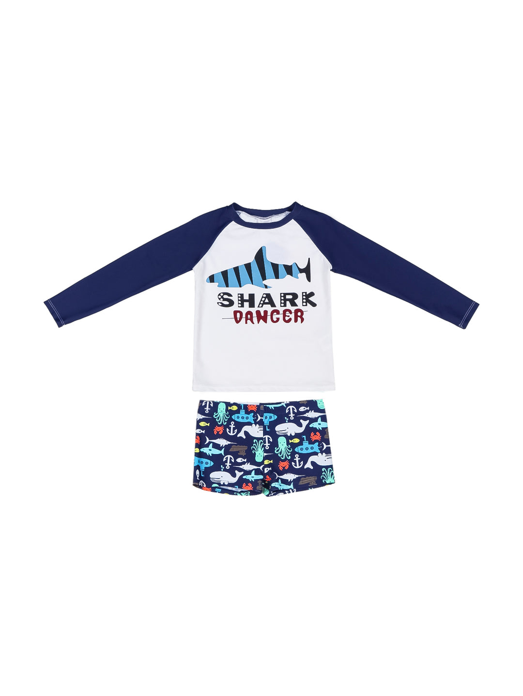 Traje de baño para niño: camiseta blanca de manga larga azul y shorts con estampado de tiburones.