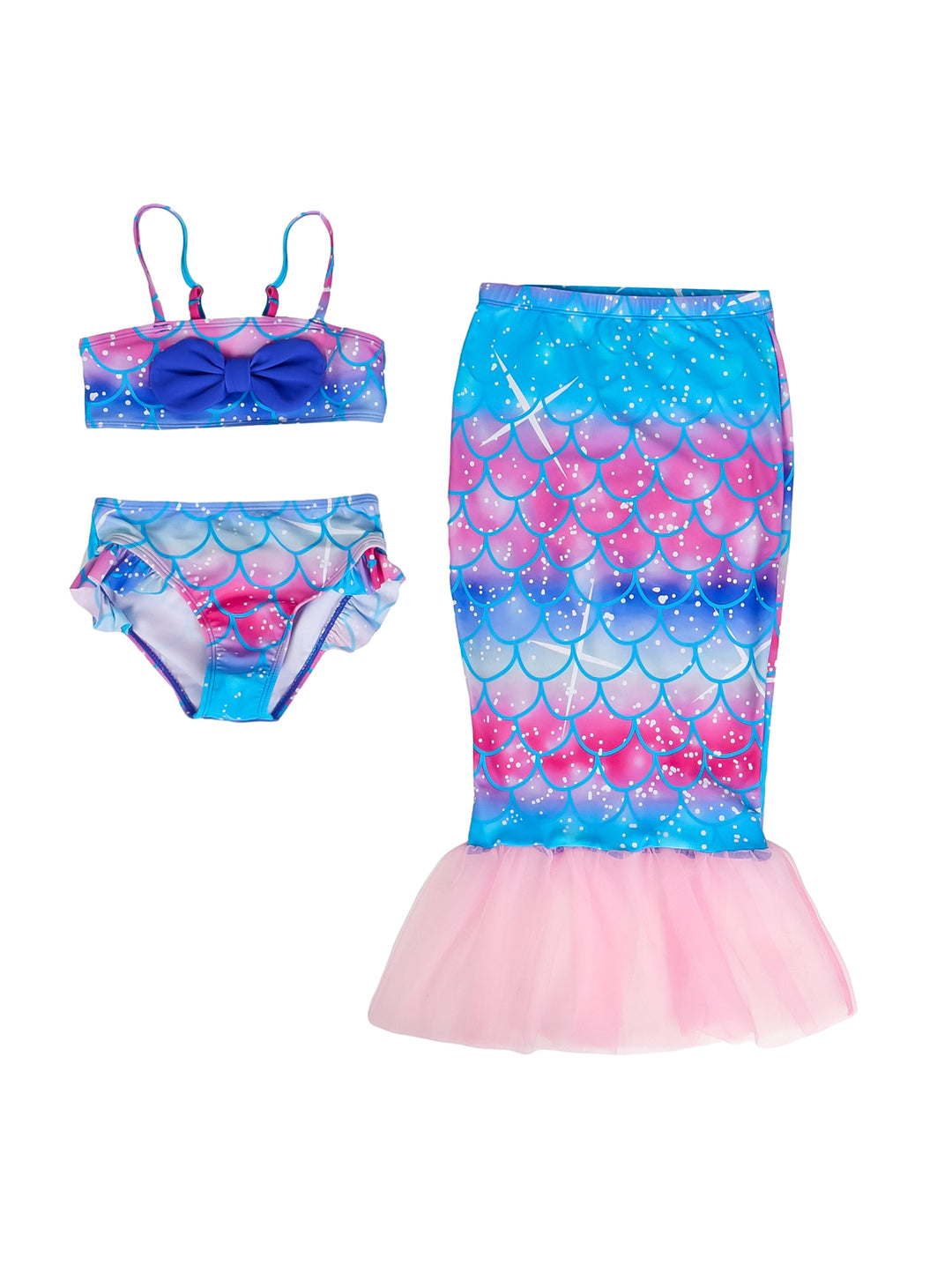 Traje de baño de sirena para niña en colores azul y rosa, compuesto por top, calzón y falda de cola.