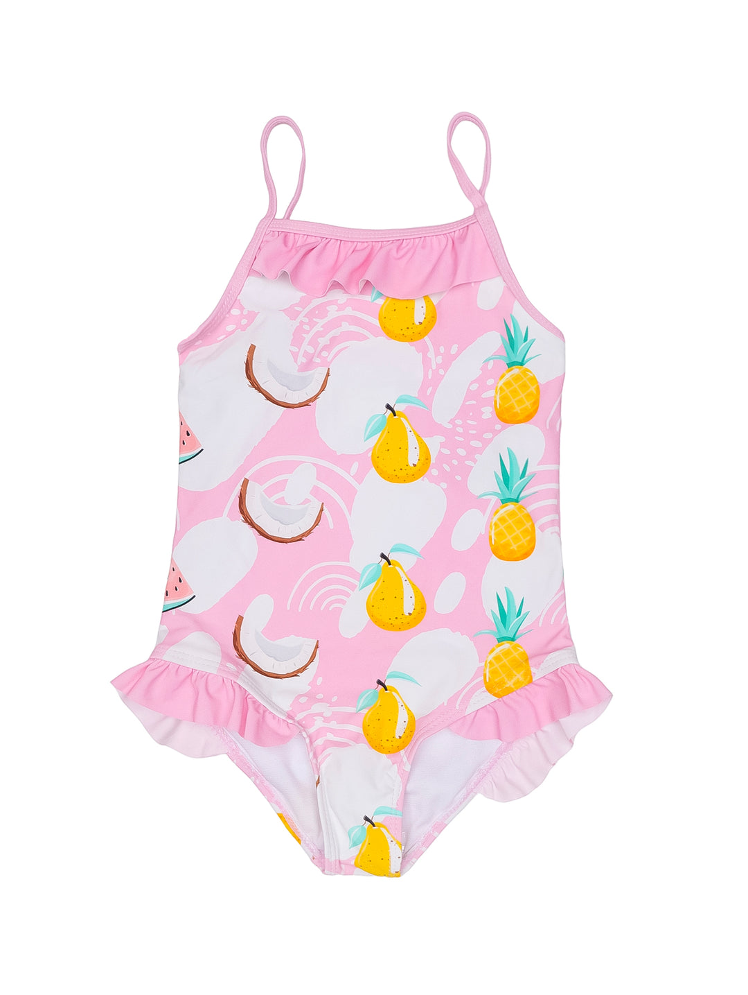 Traje de baño enterizo para niña en color rosa y blanco con estampado de frutas y detalles de volantes.