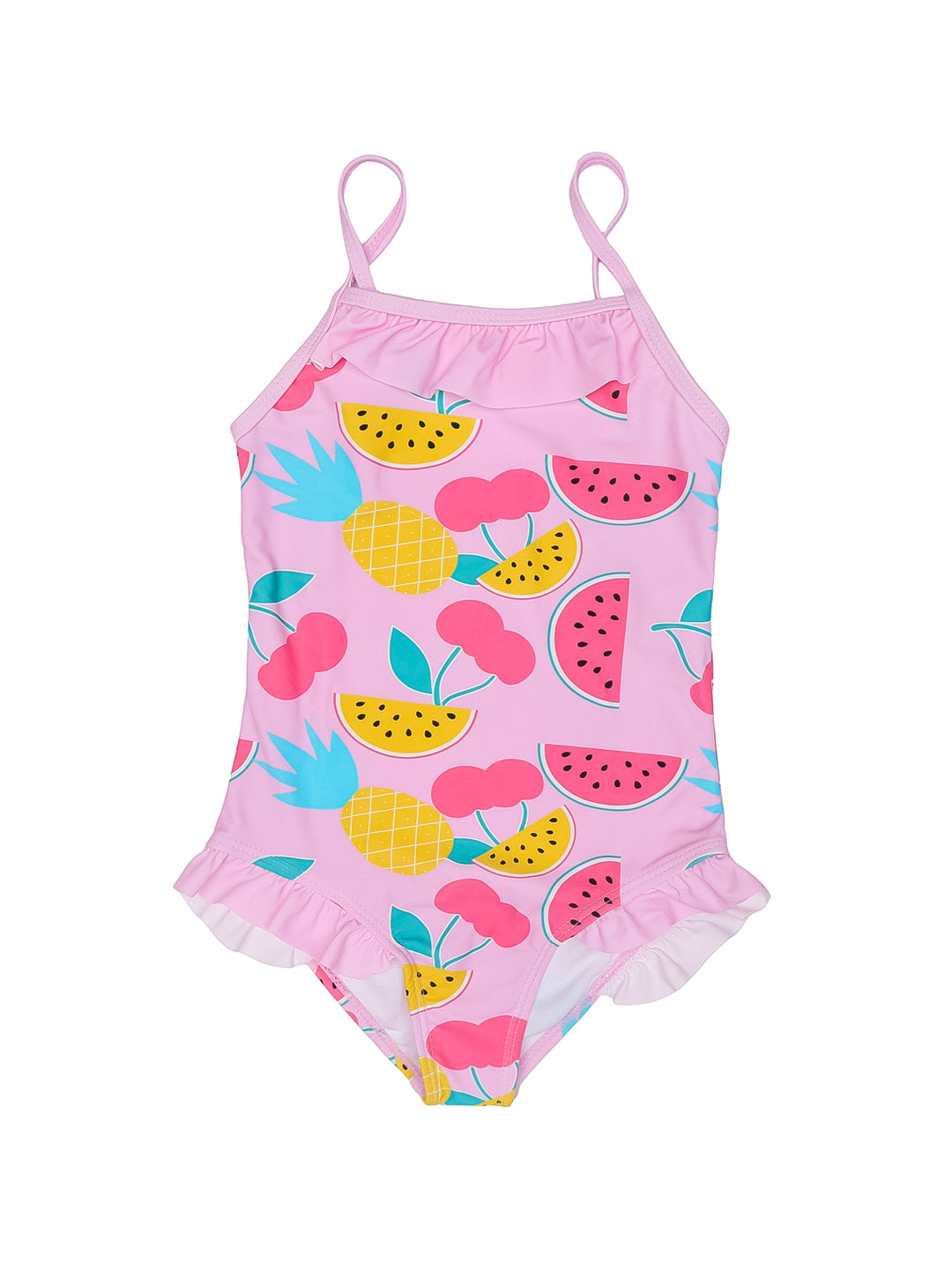 Traje de baño rosa para niña con estampado de frutas coloridas y detalles de volantes en la parte inferior.
