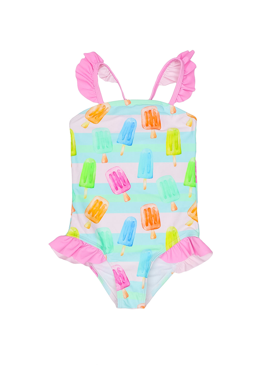 Traje de baño completo para niña con estampado de paletas de colores y volantes rosas.