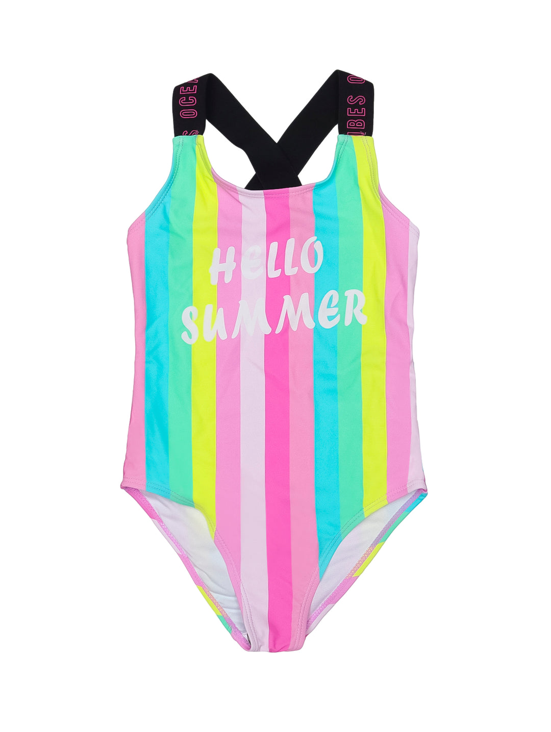 Traje de baño completo para niña con rayas verticales multicolores y texto Hello Summer.