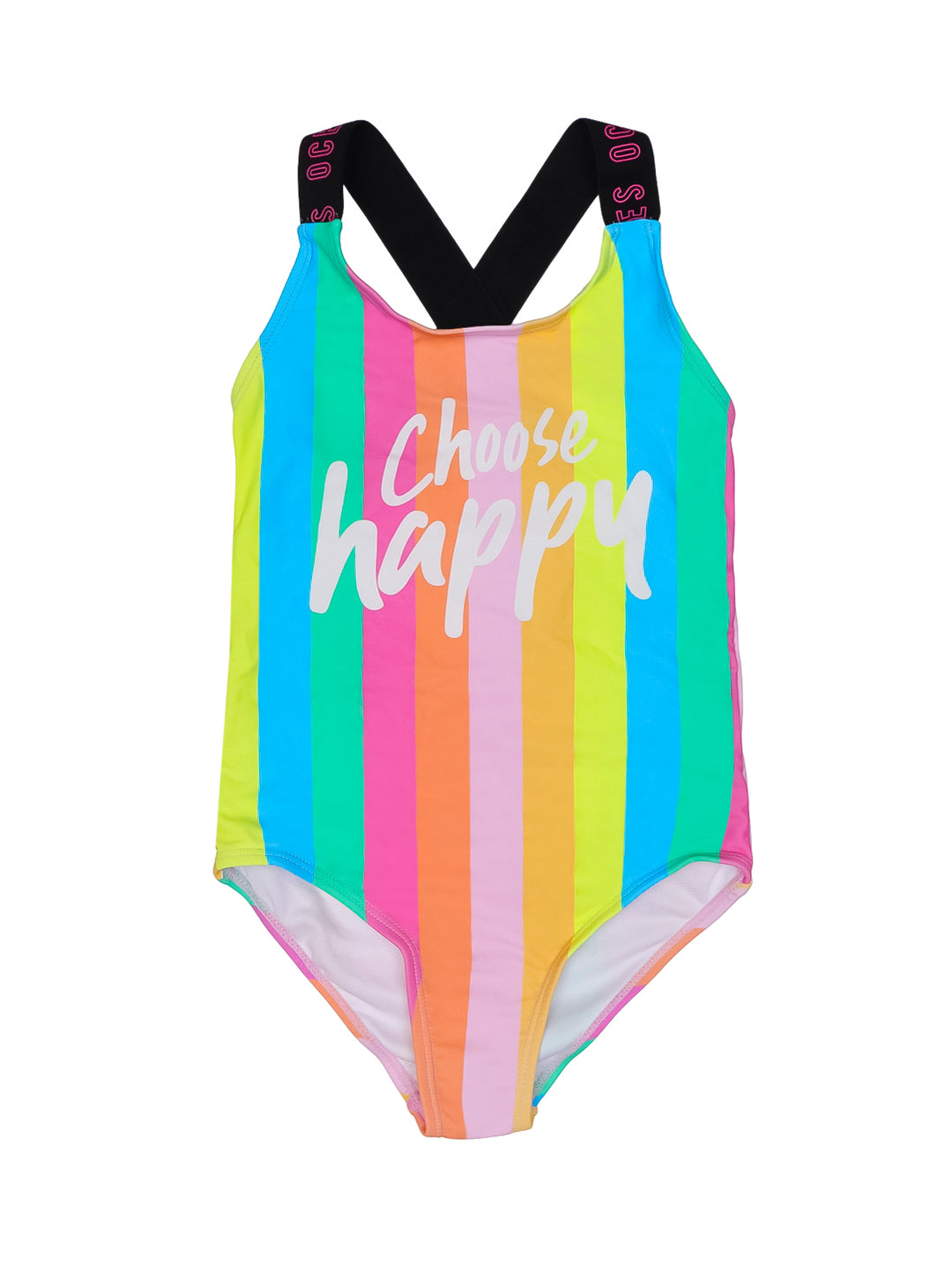 Traje de baño enterizo para niña con rayas multicolores y texto &