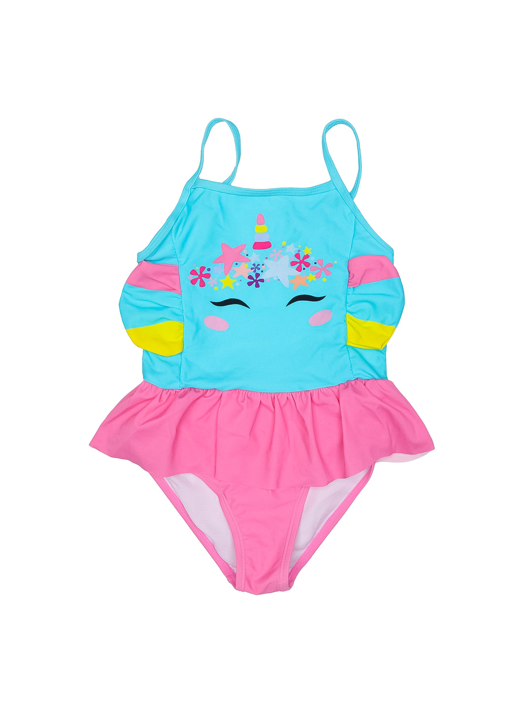 Traje de baño completo para Niña con diseño de unicornio en colores azul y rosa con volantes.