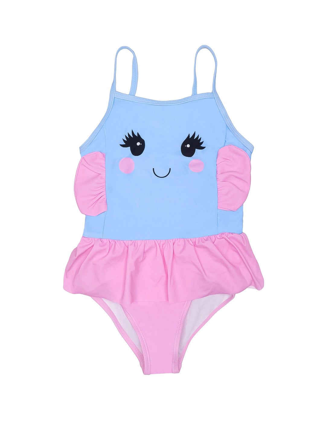 Traje de baño enterizo para niña color azul cielo y rosa con diseño de carita y falda de volantes.