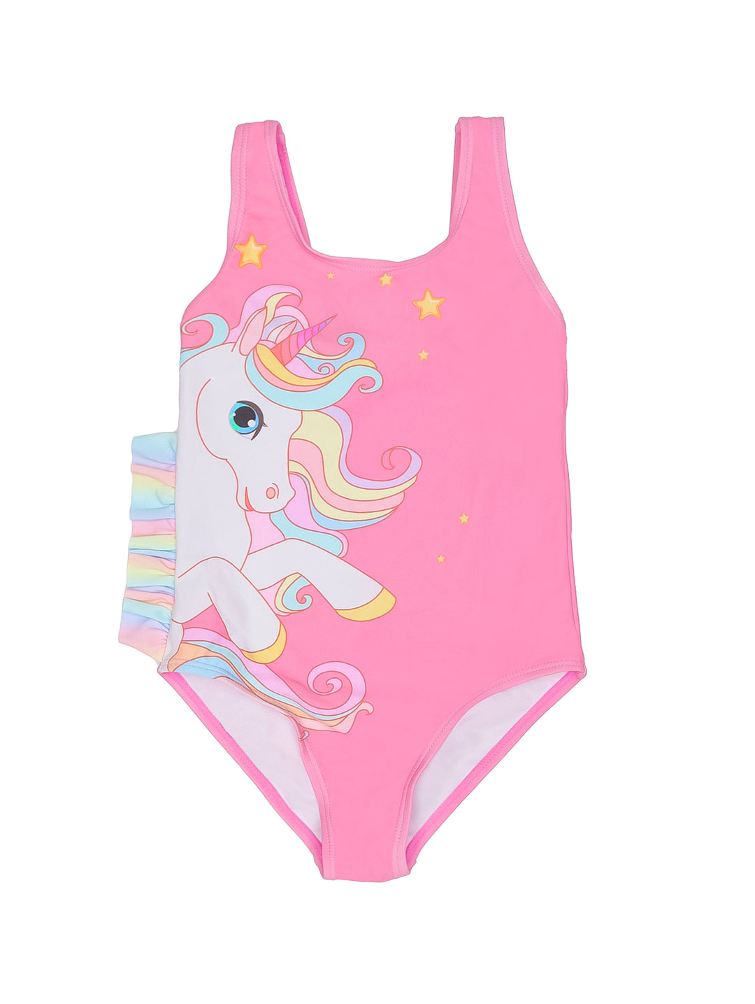 Traje de baño rosa de una pieza para niña con estampado de unicornio colorido y estrellas.