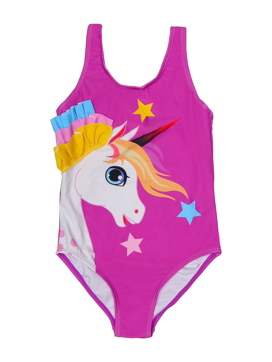 Traje de baño completo morado con diseño de unicornio y volantes coloridos en el hombro.