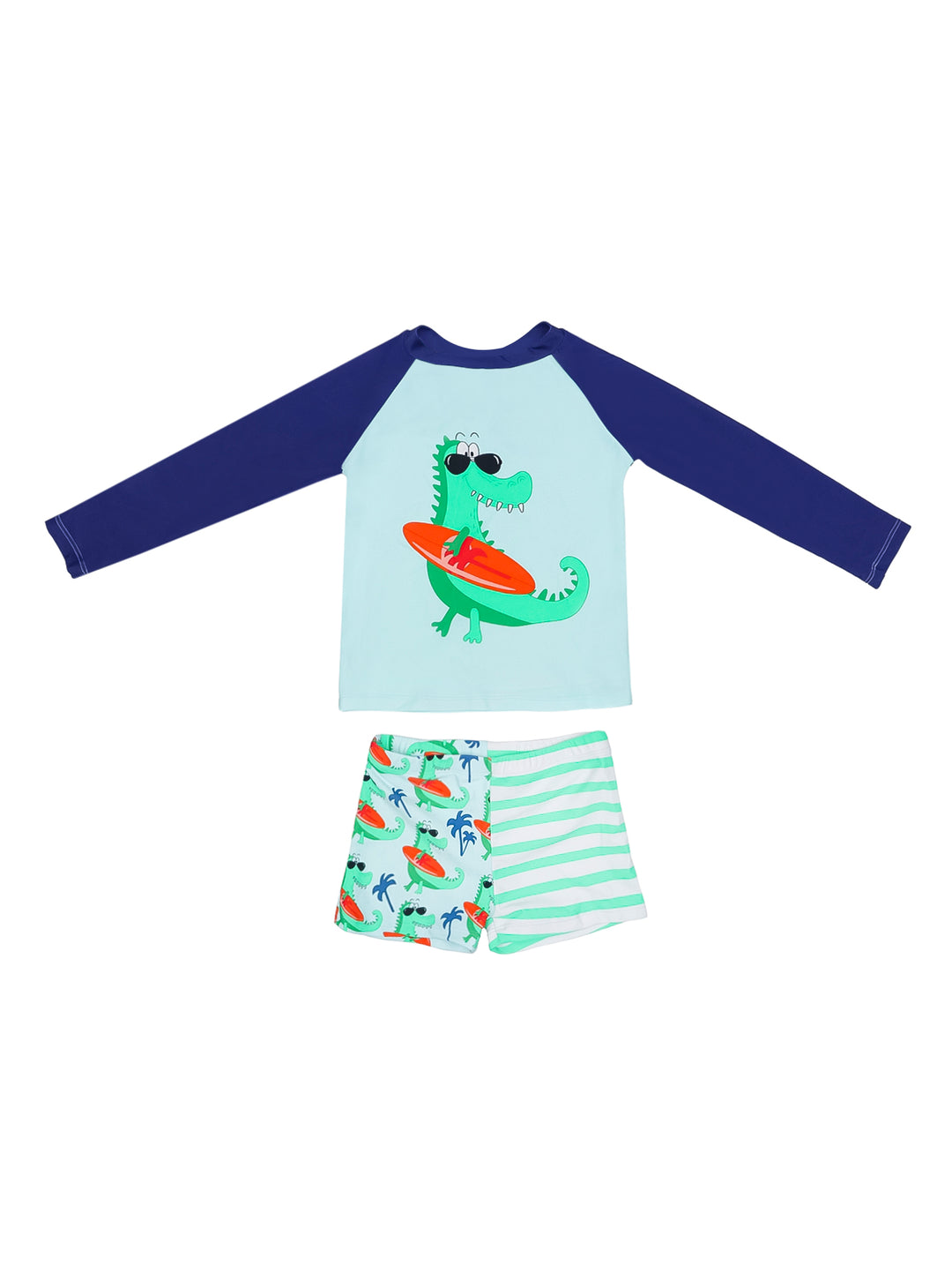 Traje de baño para niño compuesto por camiseta de manga larga azul y menta con dinosaurio y short coordinado.