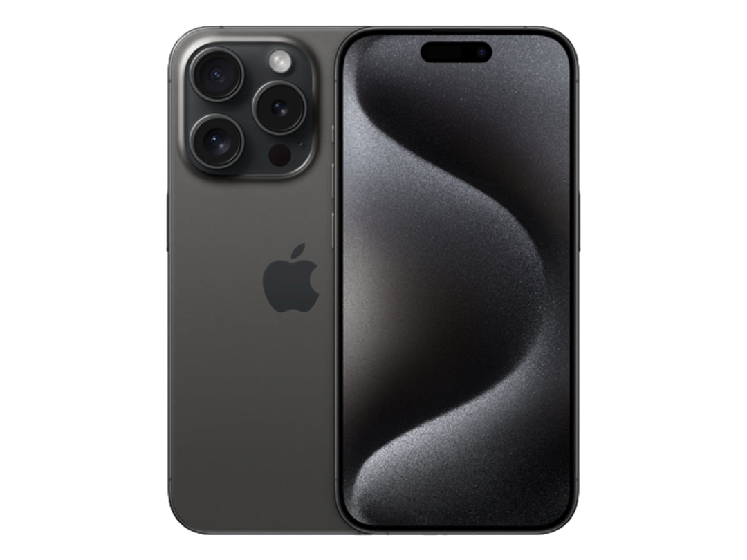 Vista frontal y trasera de un iPhone 15 Pro en color negro con acabado mate.