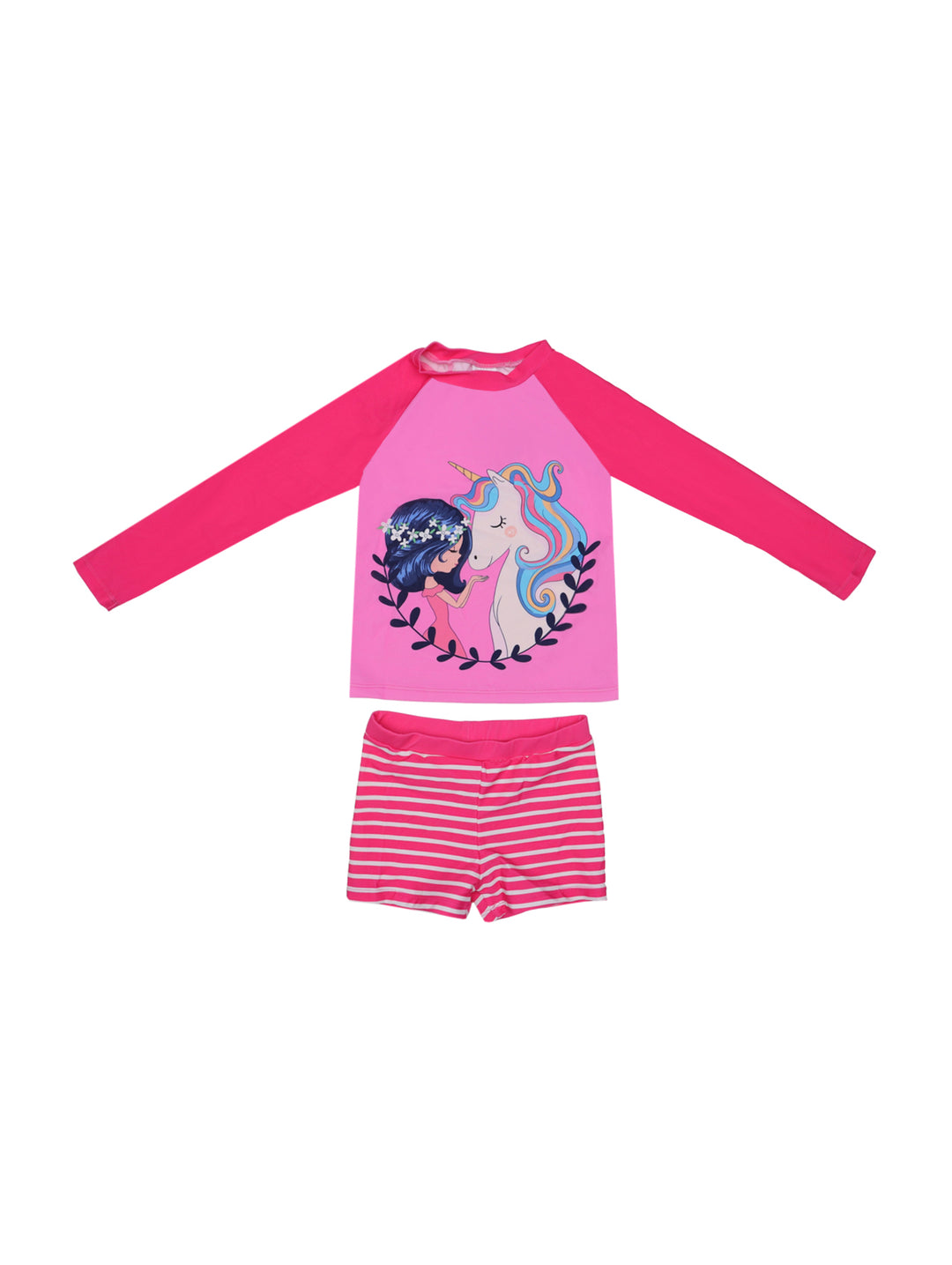 Traje de baño rosa para niña de dos piezas con playera de manga larga y short a rayas.