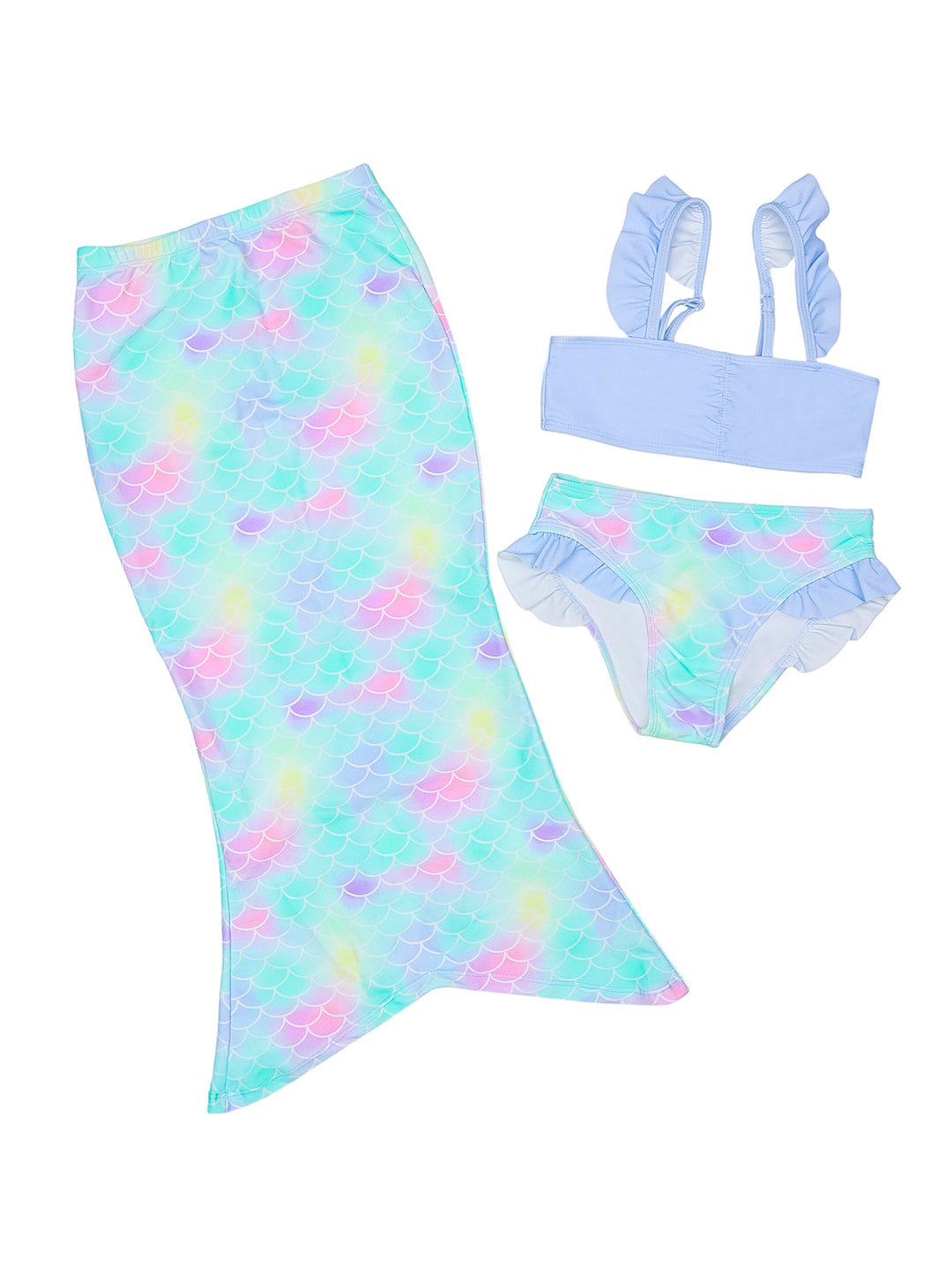 Traje de baño de tres piezas para niña con estampado de escamas de sirena en tonos pastel.