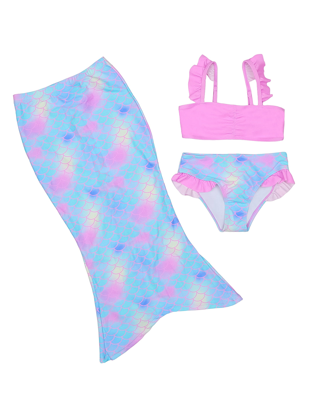 Traje de baño para niña de tres piezas en color rosa y azul con estampado de escamas de sirena.