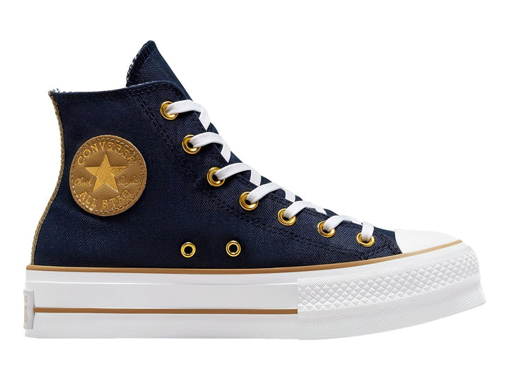Tenis Converse Chuck Taylor All Star Lift de cuello alto color azul oscuro con suela blanca y detalles en dorado.