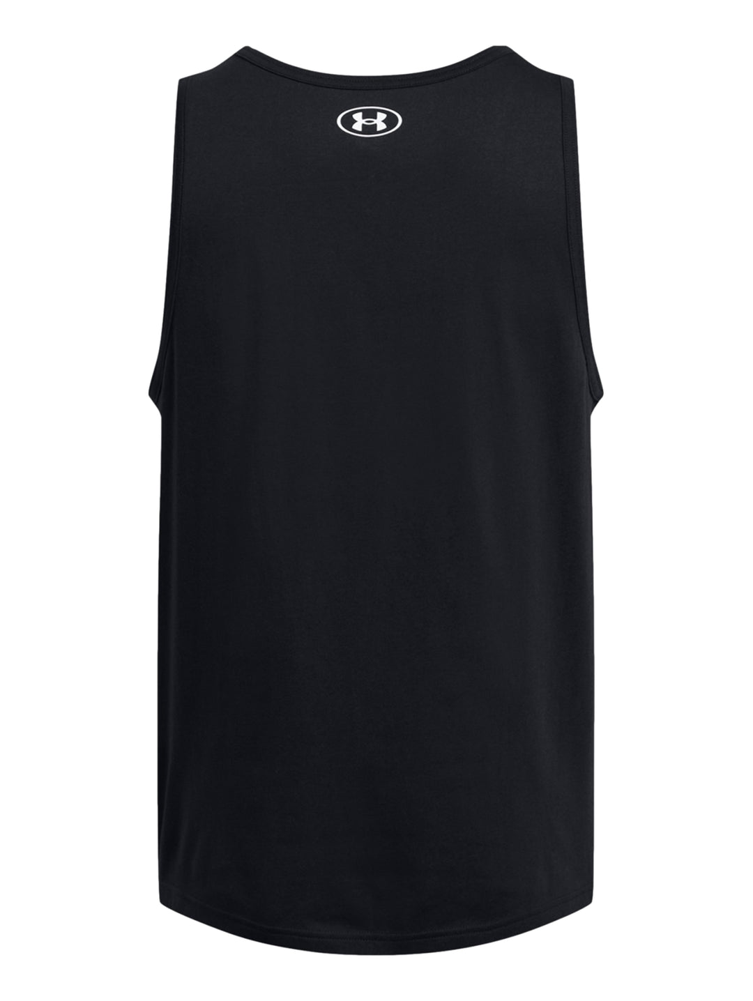 Hombre vistiendo camiseta sin mangas negra de Under Armour con logotipo blanco en el pecho.