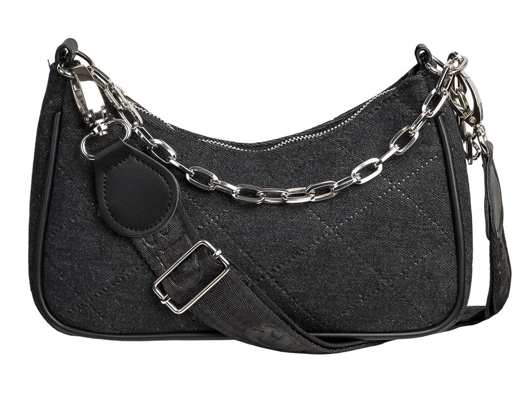 Bolso Ferretina negro con diseño acolchado de rombos, asa de cadena plateada y correa ajustable.