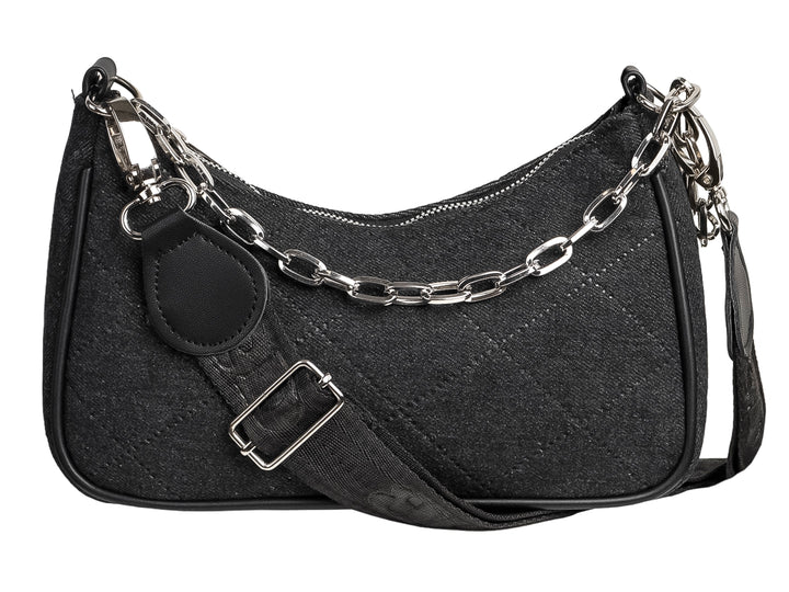 Bolso Ferretina negro con diseño acolchado de rombos, asa de cadena plateada y correa ajustable.