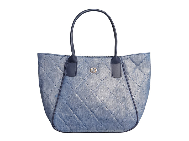 Bolsa de hombro Ferretina color azul plata con diseño acolchado de rombos y asas azul marino.