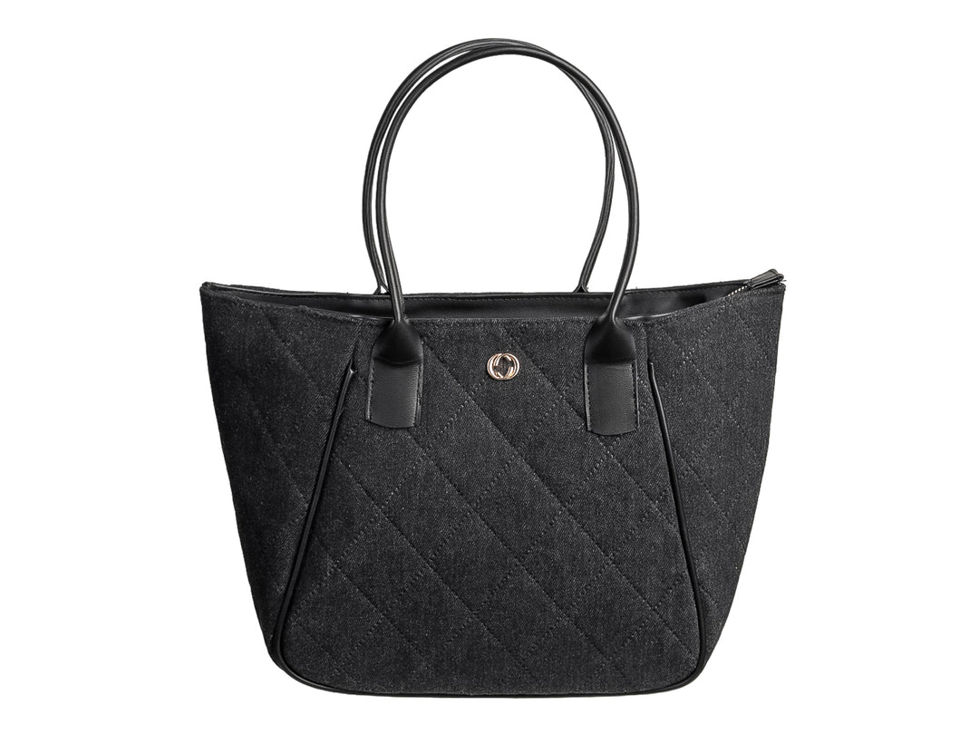 Bolsa de hombro negra con textura acolchada en forma de rombos y asas largas.