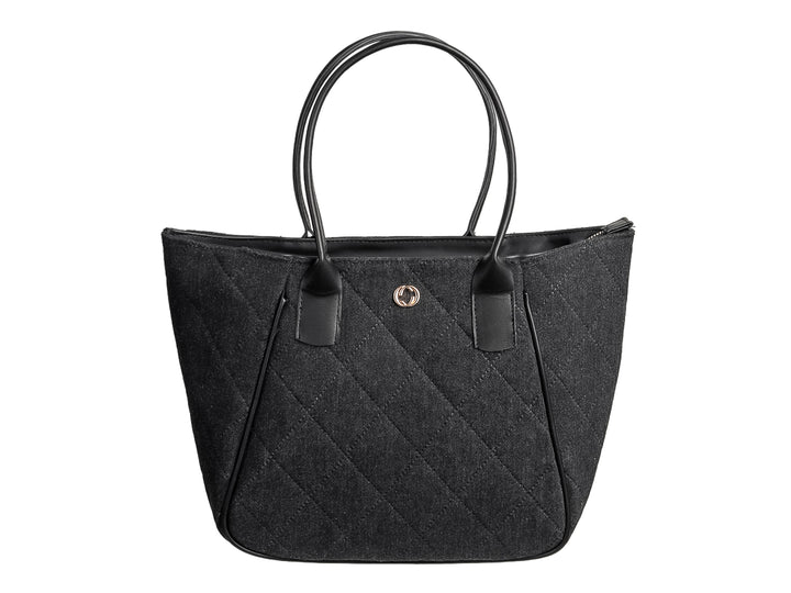 Bolsa de hombro negra con textura acolchada en forma de rombos y asas largas.