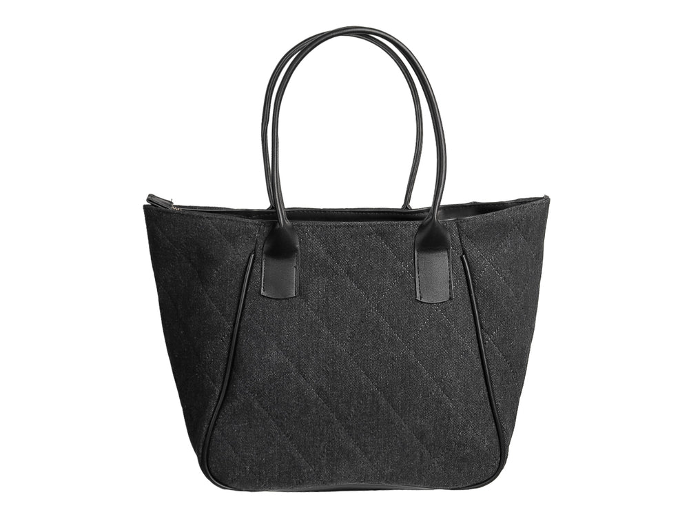 Bolsa de hombro negra con textura acolchada en forma de rombos y asas largas.