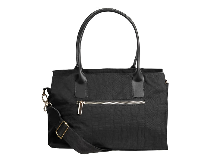 Bolso de hombro color negro de material textil con asas cortas y detalle metálico central.