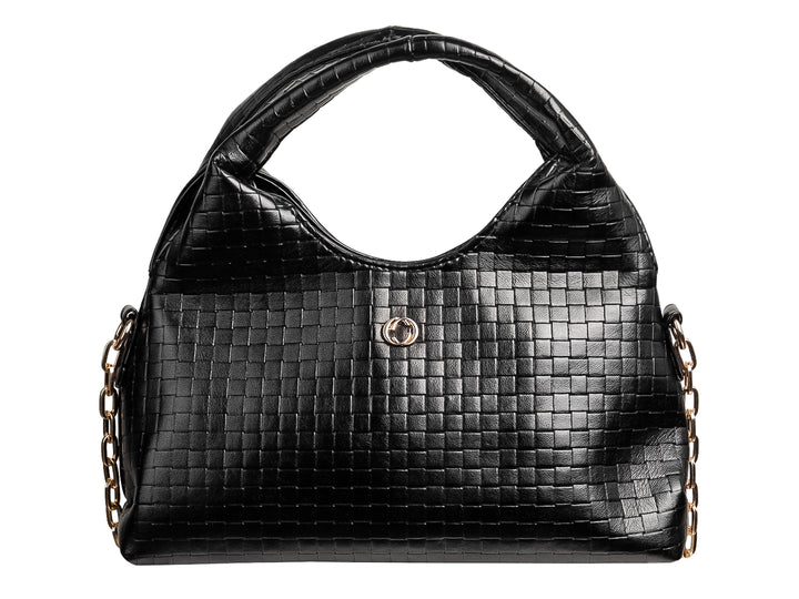 Bolsa de hombro Ferretina color negro con textura grabada, asa superior y detalles de cadena dorada.
