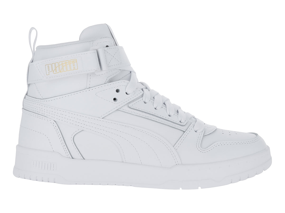 Tenis PUMA blancos de bota con correa en el tobillo y detalles en dorado.