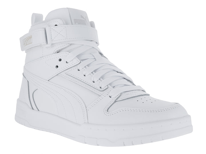 Tenis PUMA blancos de bota con correa en el tobillo y detalles en dorado.