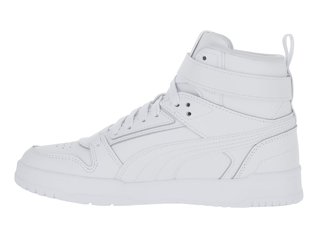 Tenis PUMA blancos de bota con correa en el tobillo y detalles en dorado.