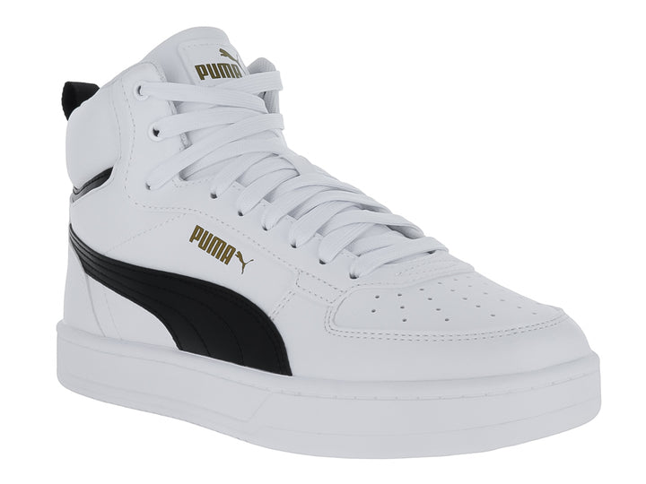 Tenis PUMA Caven 2.0 Mid en color blanco con franja negra lateral y logotipo dorado, corte medio.