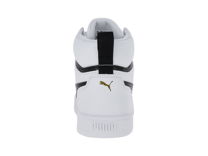 Tenis PUMA Caven 2.0 Mid en color blanco con franja negra lateral y logotipo dorado, corte medio.