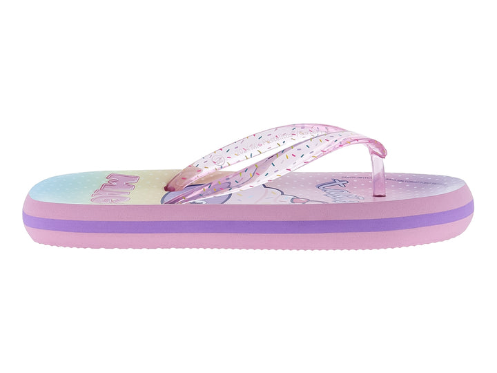 Sandalias infantiles de color rosa y morado con suela multicolor y tiras decoradas.